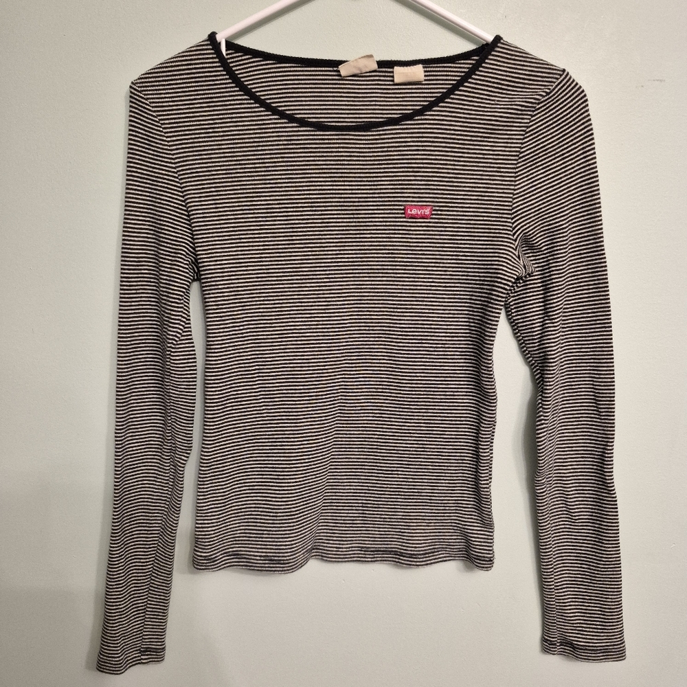 Levi's Women's Retro Black & White Striped Long Sleeved Shirt Size Small - Picture 2 of 4
